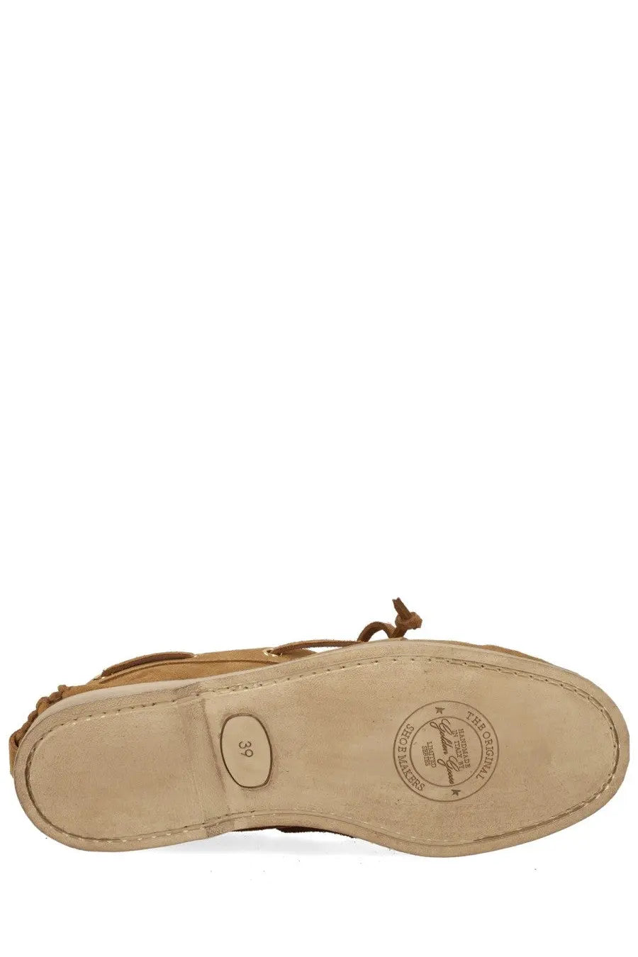 Golden goose women’s moccasin cruise brown tan leather boat shoe with suede sole and braided laces