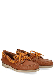 Golden goose women’s moccasin cruise brown tan leather boat shoes with bright orange braided laces