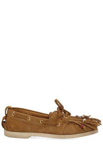Golden Goose women’s moccasin cruise brown tan suede boat shoe with fringed detailing and gold tone eyelets
