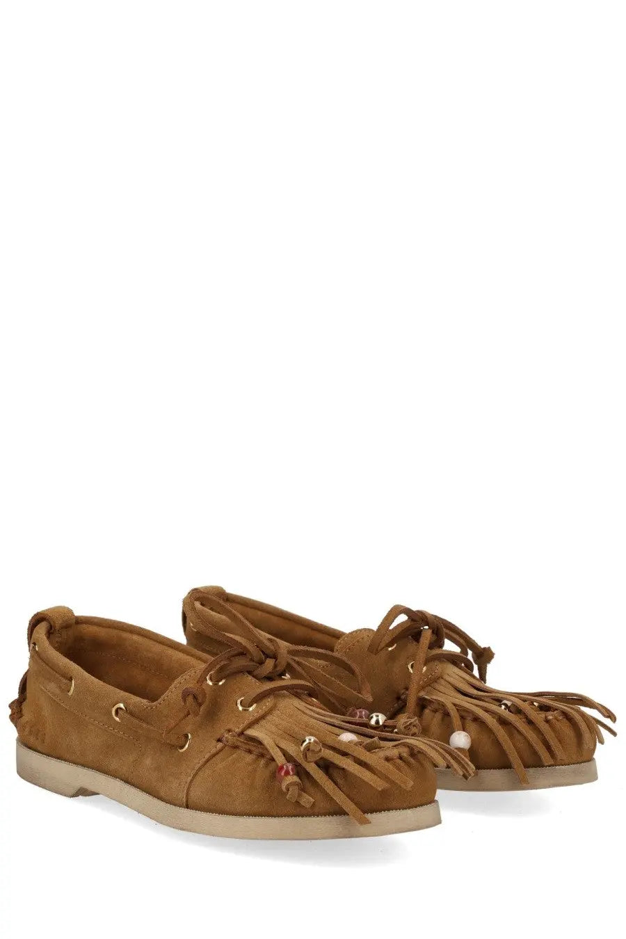 Golden Goose women’s brown moccasin cruise boat shoes in tan suede with fringed detailing and decorative beads