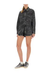 Golden goose women’s ollie boyfriend shirt black made of distressed denim with a faded textured pattern and button-up design