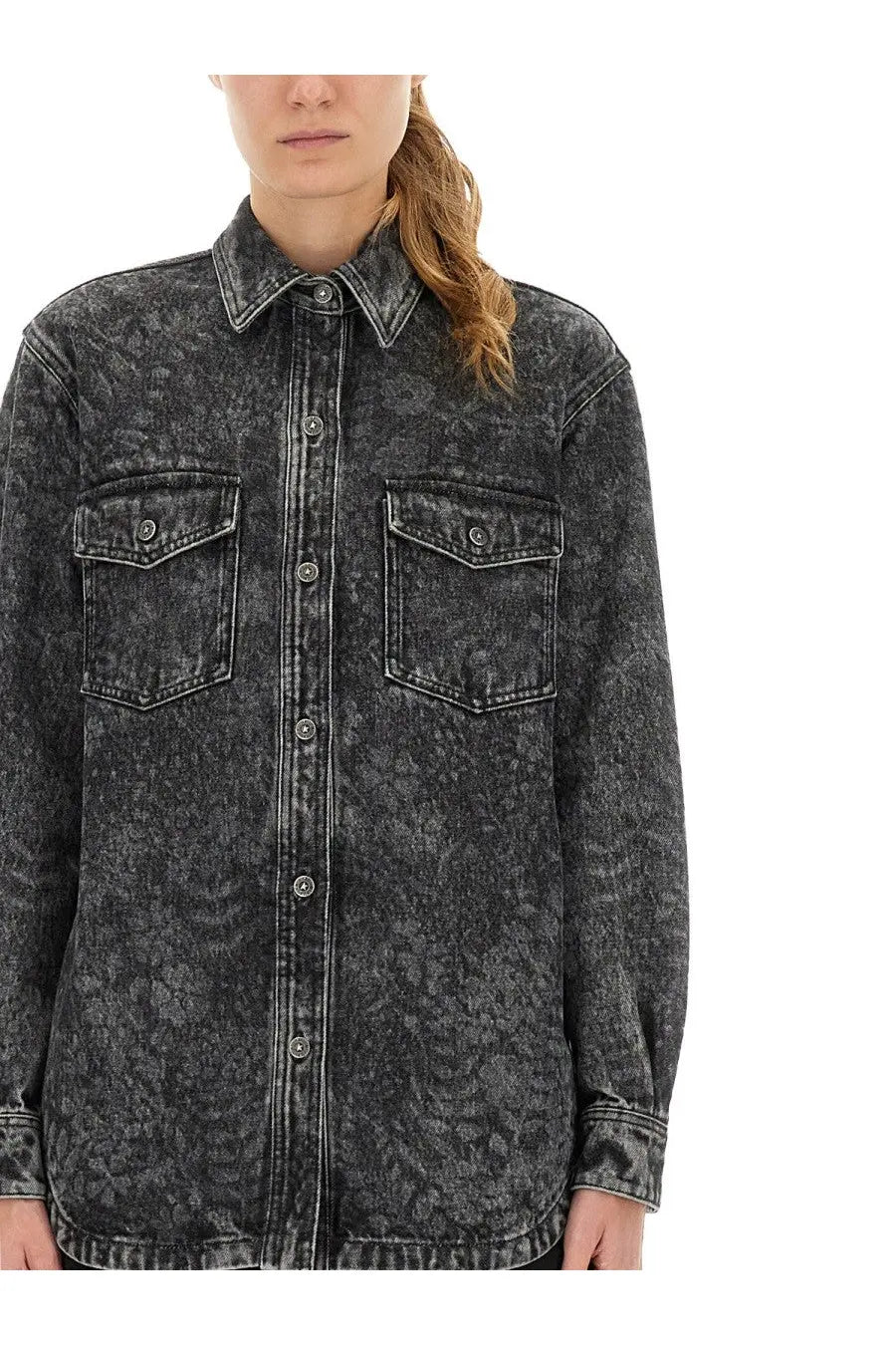 Golden Goose women’s ollie boyfriend shirt in black distressed denim with classic button-up design and two front pockets