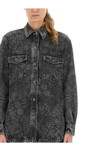 Golden Goose women’s ollie boyfriend shirt in black distressed denim with classic button-up design and two front pockets