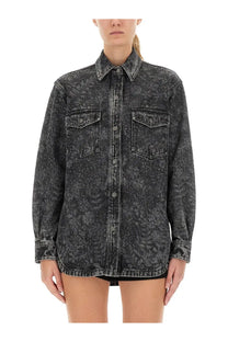 Golden goose women’s ollie boyfriens shirt black is a distressed denim button-up with a subtle marbled texture
