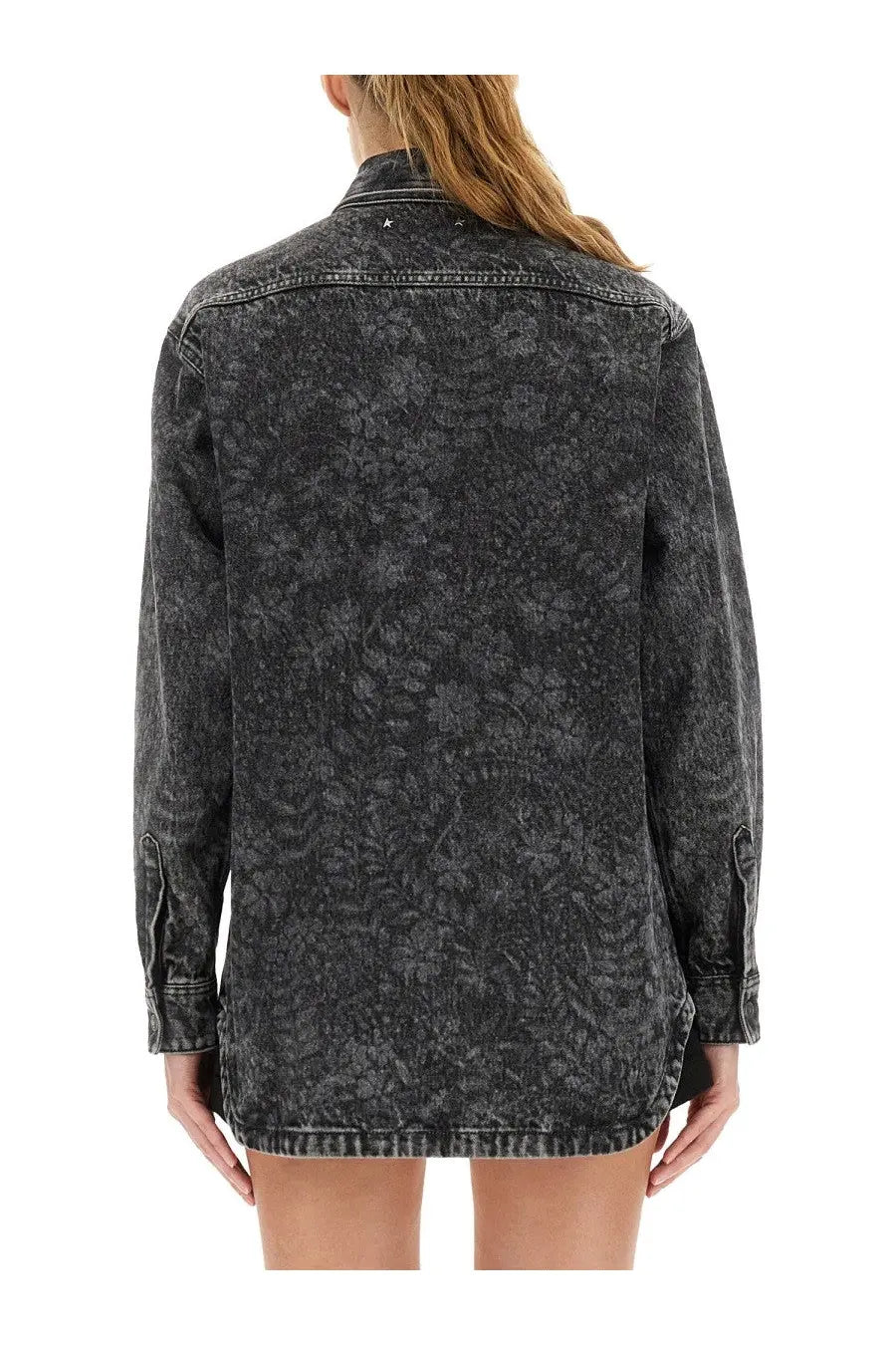 Golden Goose women’s ollie boyfriend shirt black black distressed denim with faded watercolor pattern and classic collar