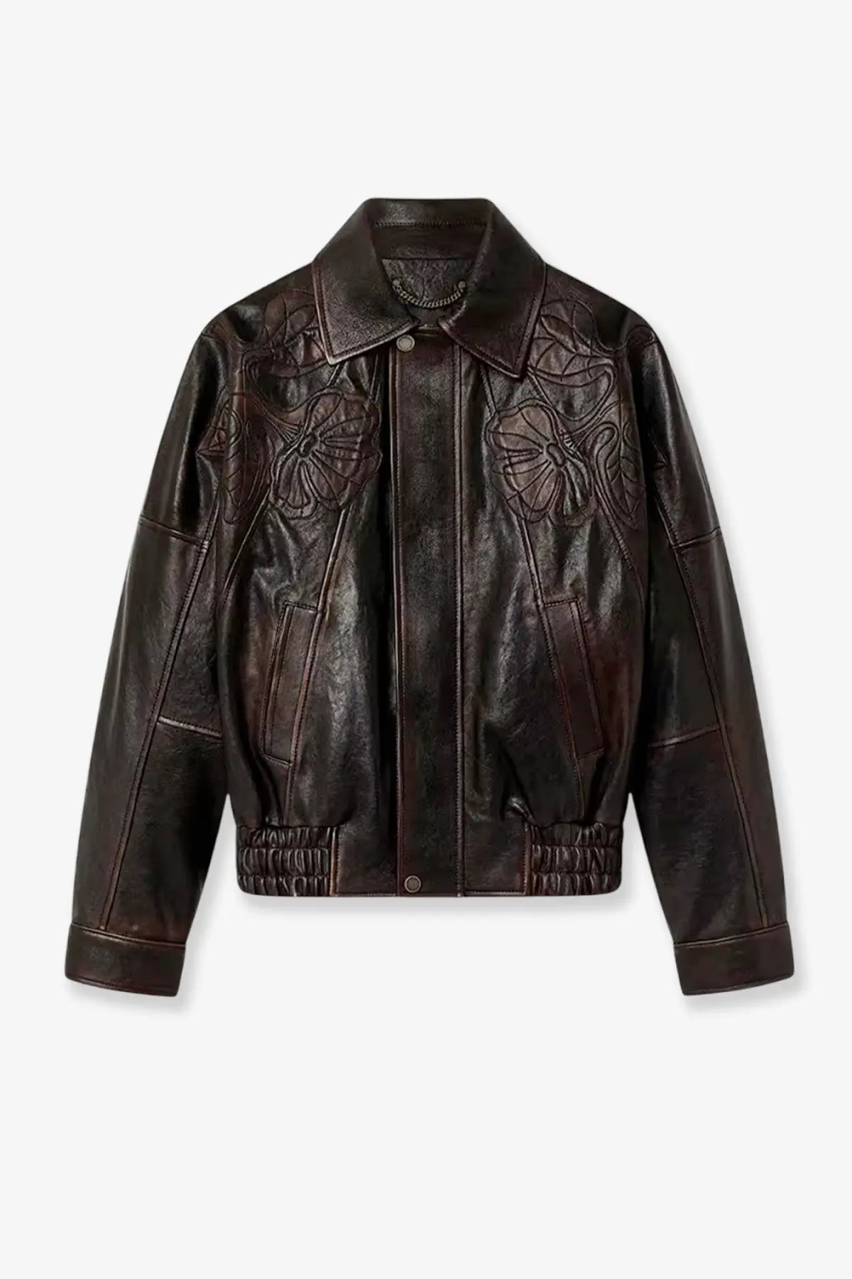 Golden goose women’s palmer leather jacket blue featuring dark brown leather and floral embroidery on chest and shoulders