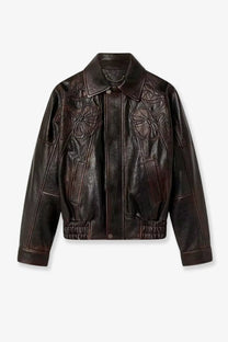 Golden goose women’s palmer leather jacket blue featuring dark brown leather and floral embroidery on chest and shoulders