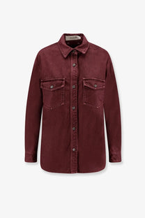 A maroon denim shirt with classic collar button-down front and two chest pockets for casual wear