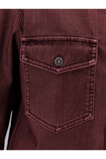 Maroon denim jacket pocket with a circular metal stone island logo button on golden goose women’s patty cotton shirt blue