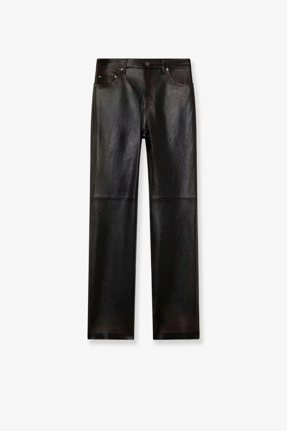 Golden Goose women’s peg leather trousers in blue with subtle embossed pattern and classic five-pocket design