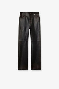Golden Goose women’s peg leather trousers in blue with subtle embossed pattern and classic five-pocket design