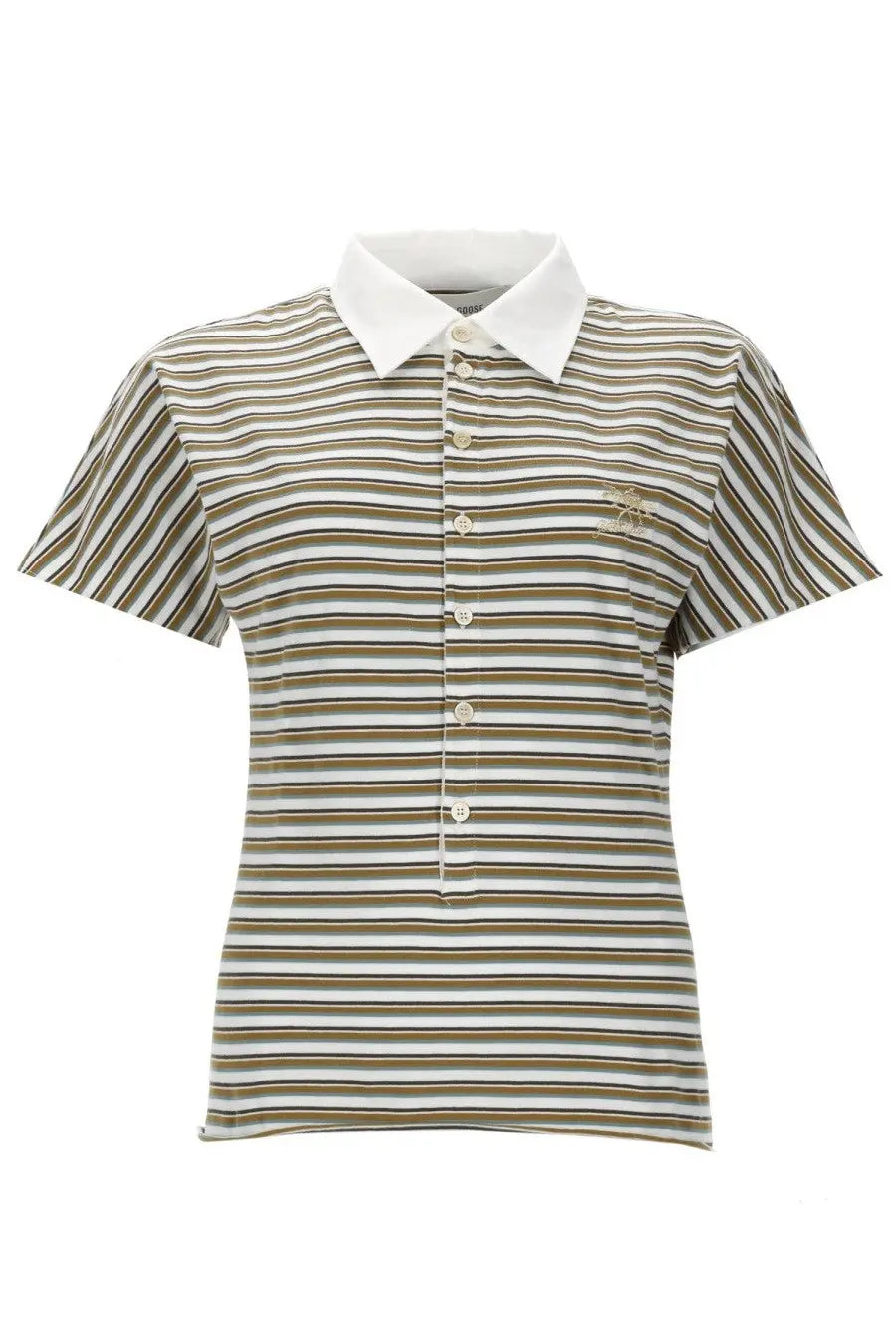 Golden Goose women’s short-sleeved polo shirt with beige and white stripes and a contrasting white collar and placket