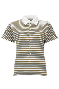 Golden Goose women’s short-sleeved polo shirt with beige and white stripes and a contrasting white collar and placket