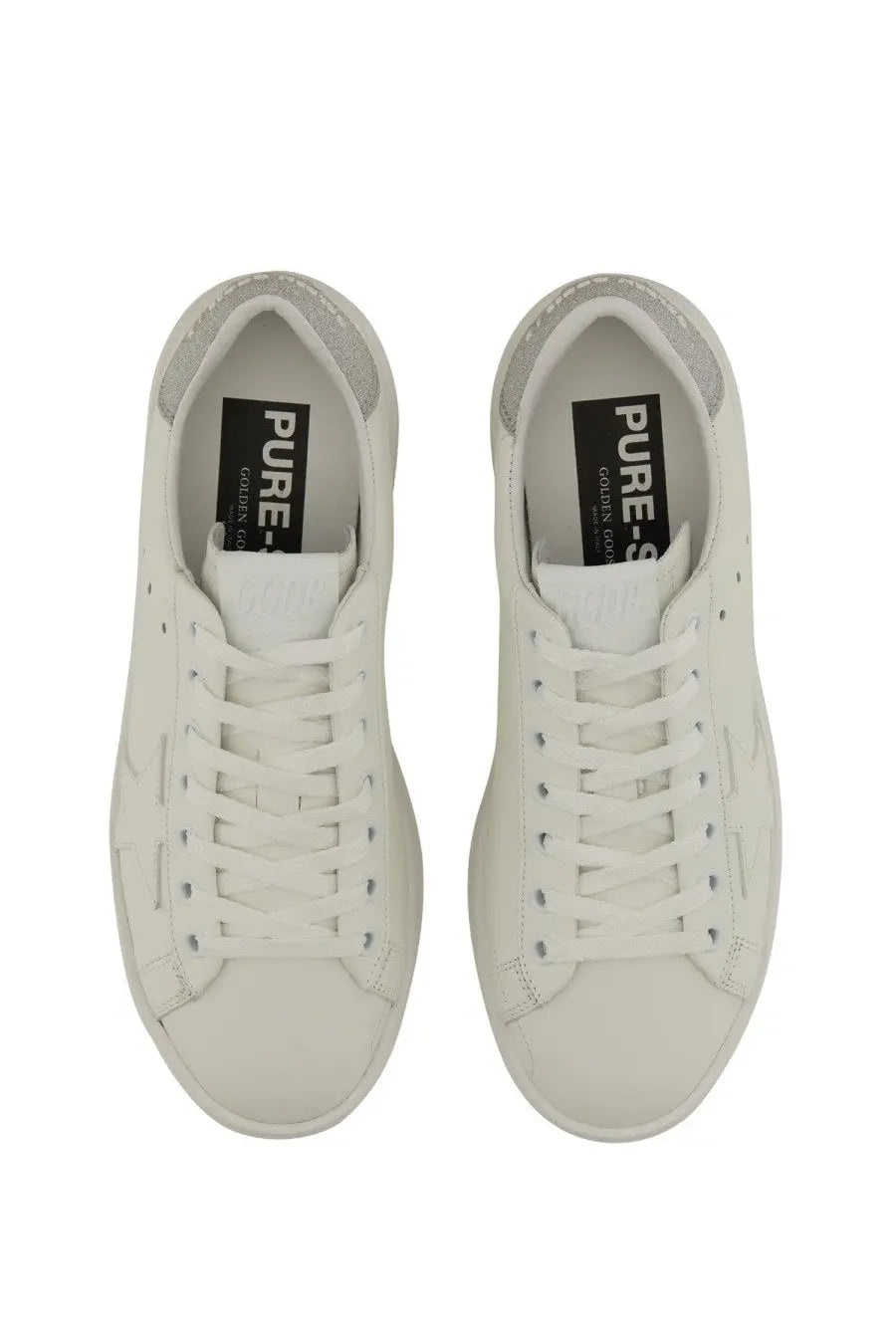 Golden Goose Women’s Purestar sneaker in white leather with classic low-top design and gray heel tab accents