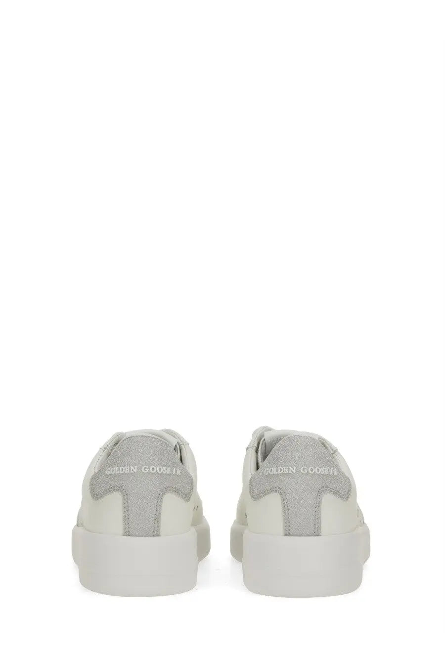White and light gray golden goose women’s purestar sneaker with suede heel tab featuring brand logo in matching tone back view