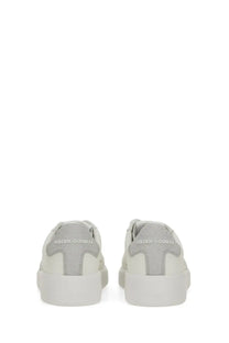 White and light gray golden goose women’s purestar sneaker with suede heel tab featuring brand logo in matching tone back view