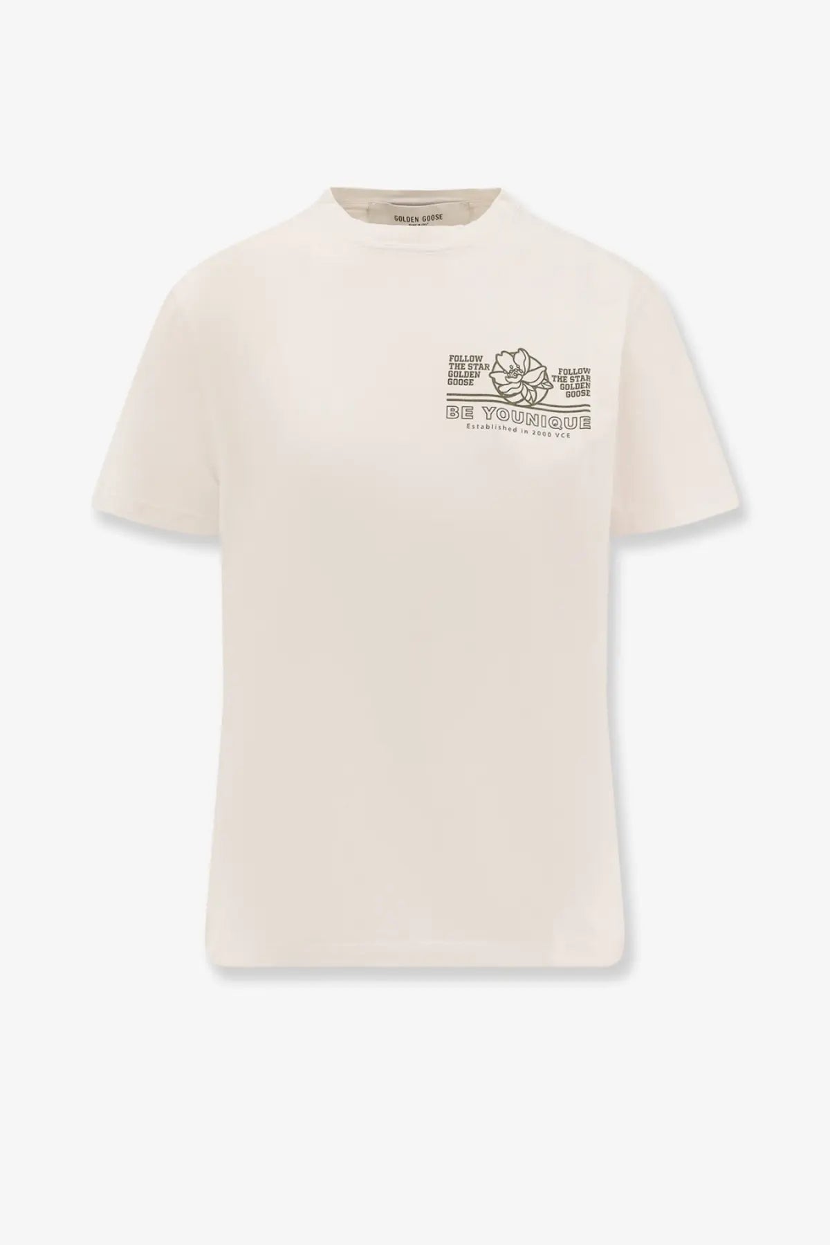 Cream-colored golden goose women’s regular cotton t-shirt with black graphic text and floral print on the chest