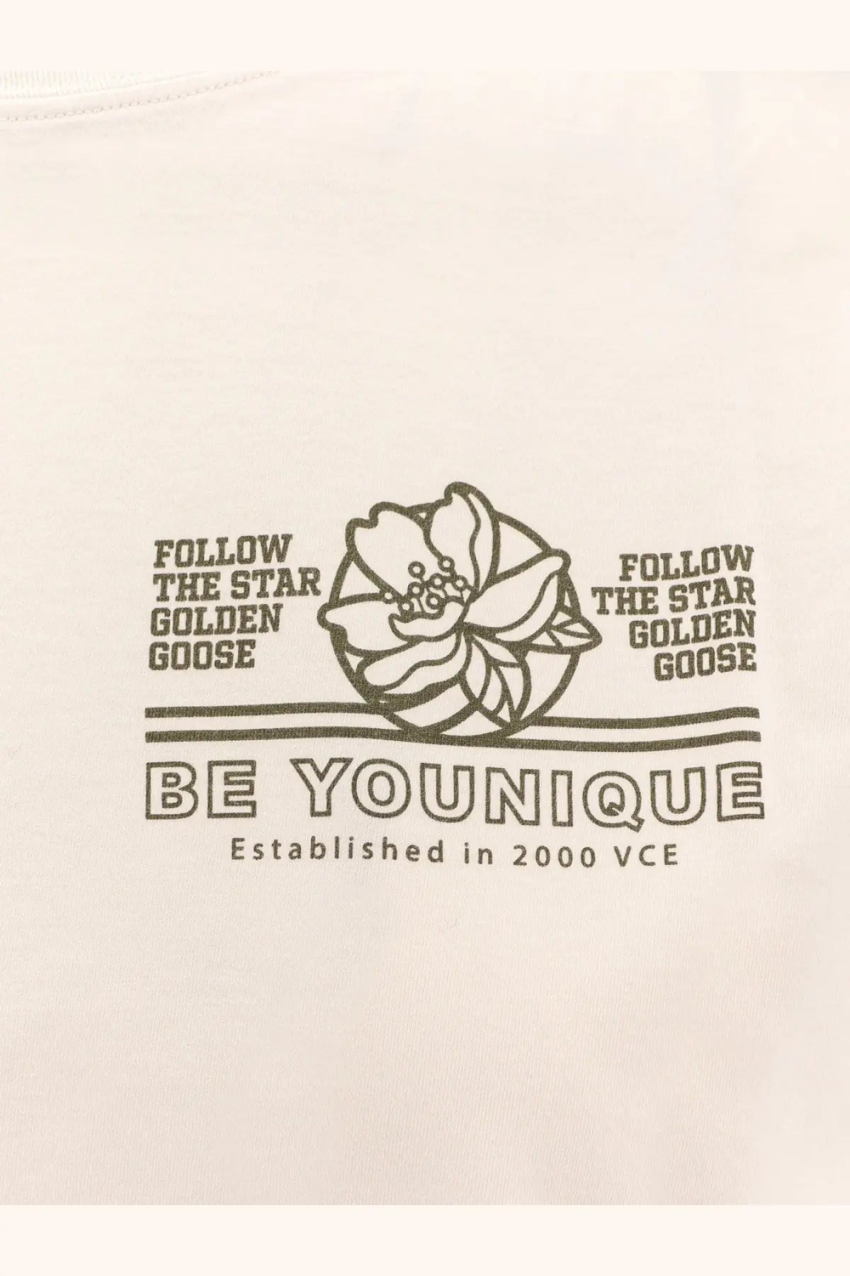 White cotton golden goose women’s regular shirt with black graphic text and flower illustration on front