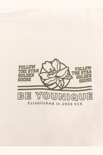 White cotton golden goose women’s regular shirt with black graphic text and flower illustration on front