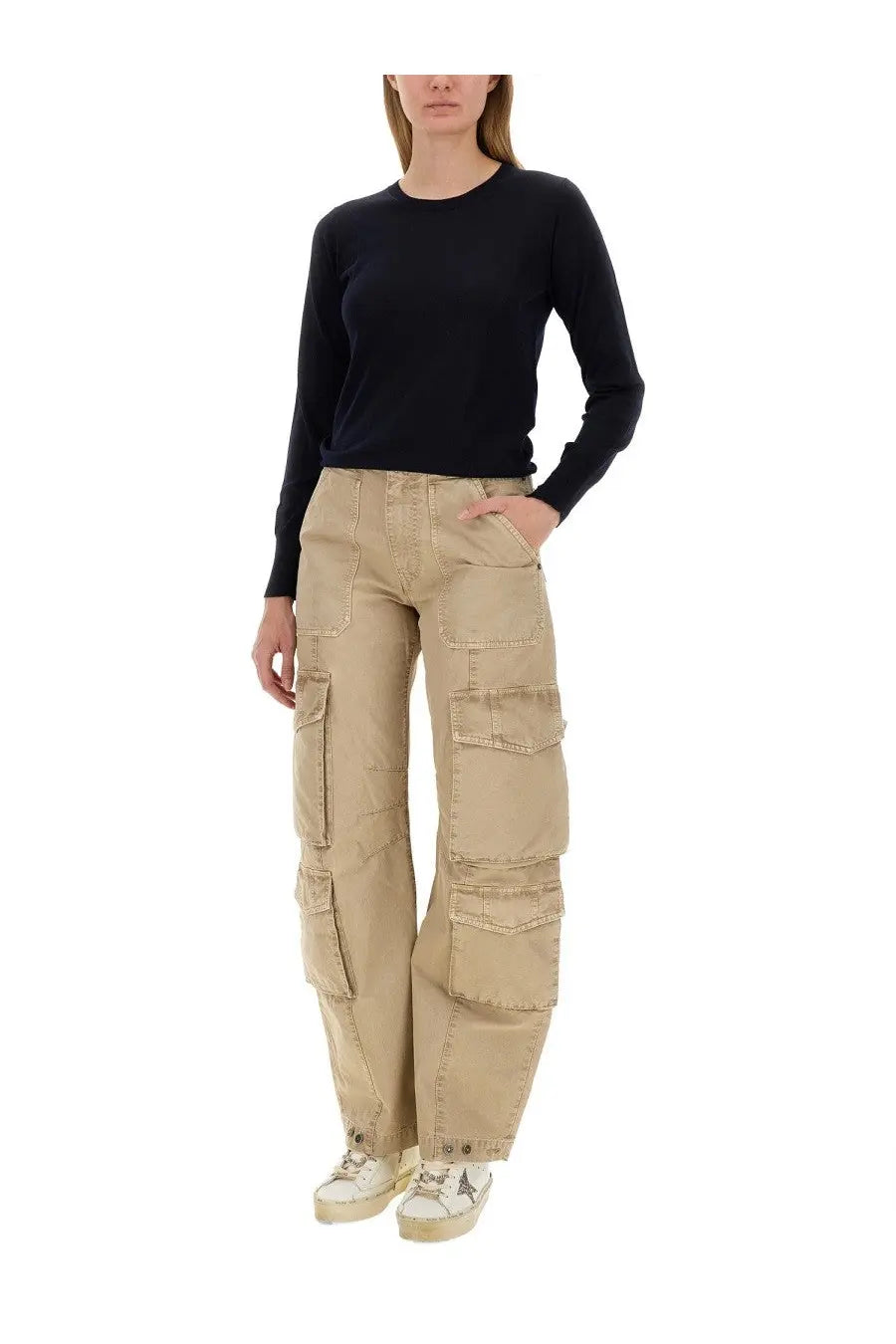 Beige cargo pants with multiple flap pockets and relaxed wide-leg cut for casual wear