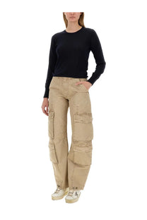 Beige cargo pants with multiple flap pockets and relaxed wide-leg cut for casual wear
