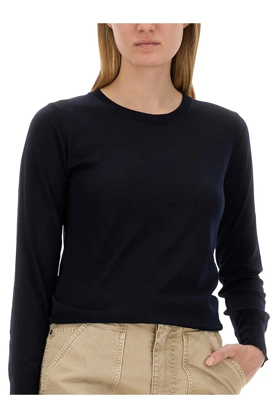 Black long-sleeved knit top with simple crew neckline in golden goose womens regular fit shirt blue collection