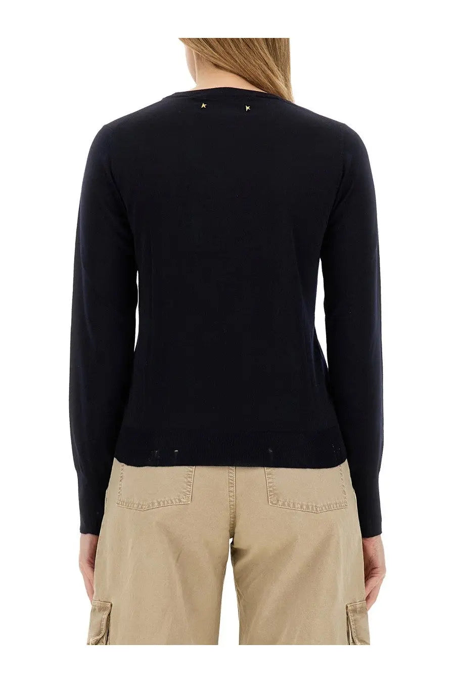 Black long-sleeved knit sweater with subtle star embellishments at the neckline for golden goose women’s wear