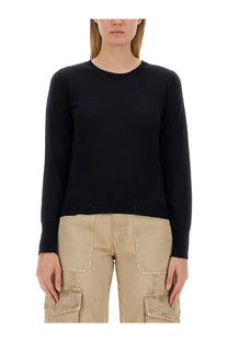 Black long sleeved knit top with simple crew neckline shown in golden goose womens regular fit blue shirt product image