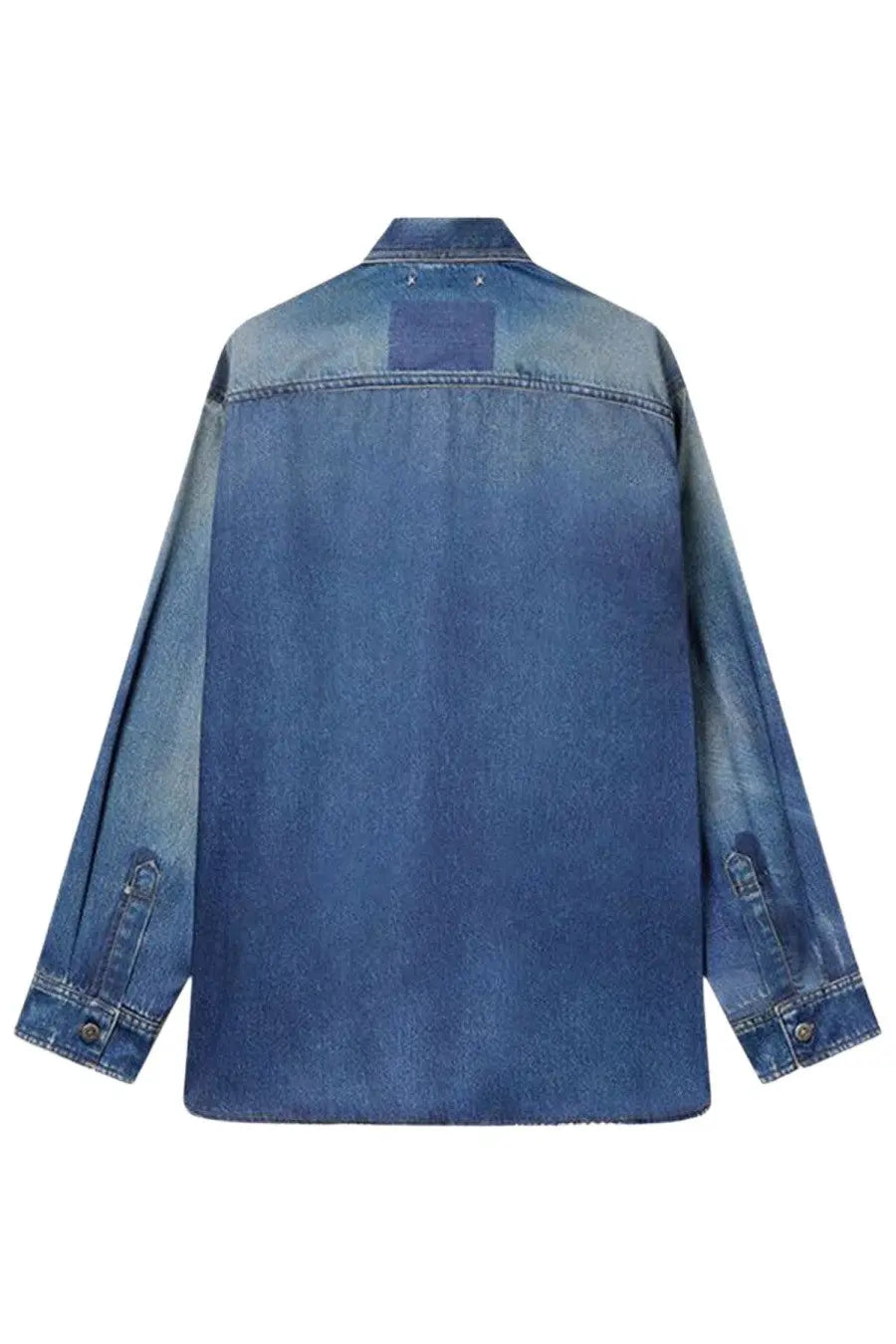 Back of golden goose women’s shirt patty blue showing blue denim jacket with faded wash and darker blue patch