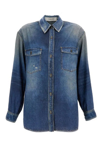 Golden Goose women’s shirt Patty blue faded blue denim with classic collar button-down front and two chest pockets