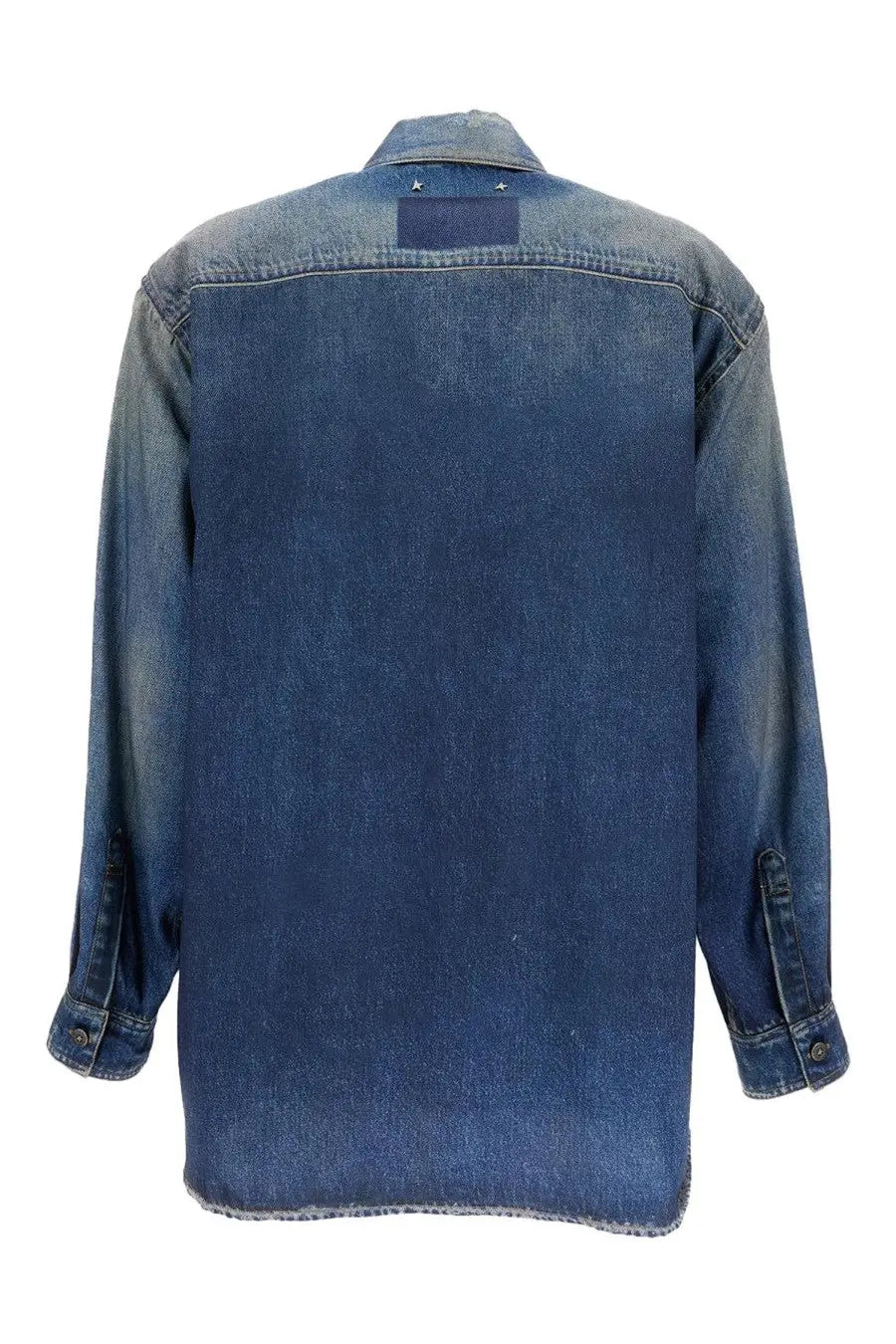 Golden Goose women’s shirt Patty blue medium-wash denim shirt with classic collar buttoned cuffs and shoulder fading