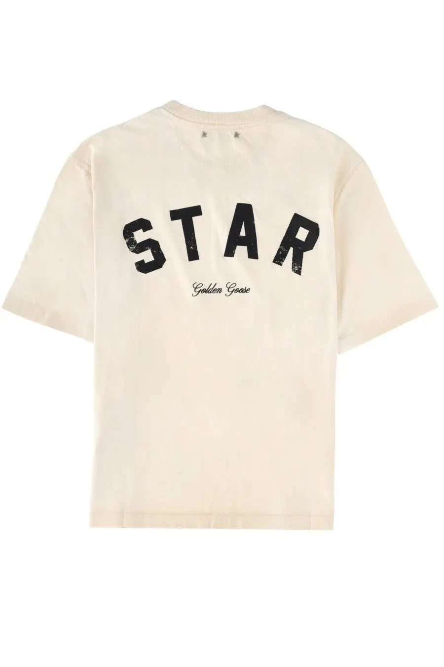 Cream-colored Golden Goose women’s short-sleeved shirt with bold black star lettering and golden goose script beneath it