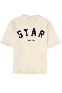 Cream-colored Golden Goose women’s short-sleeved shirt with bold black star lettering and golden goose script beneath it