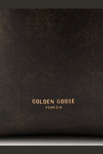 Dark brown leather with gold foil golden goose venezia branding on golden goose women’s vintage leather shoulder bag black