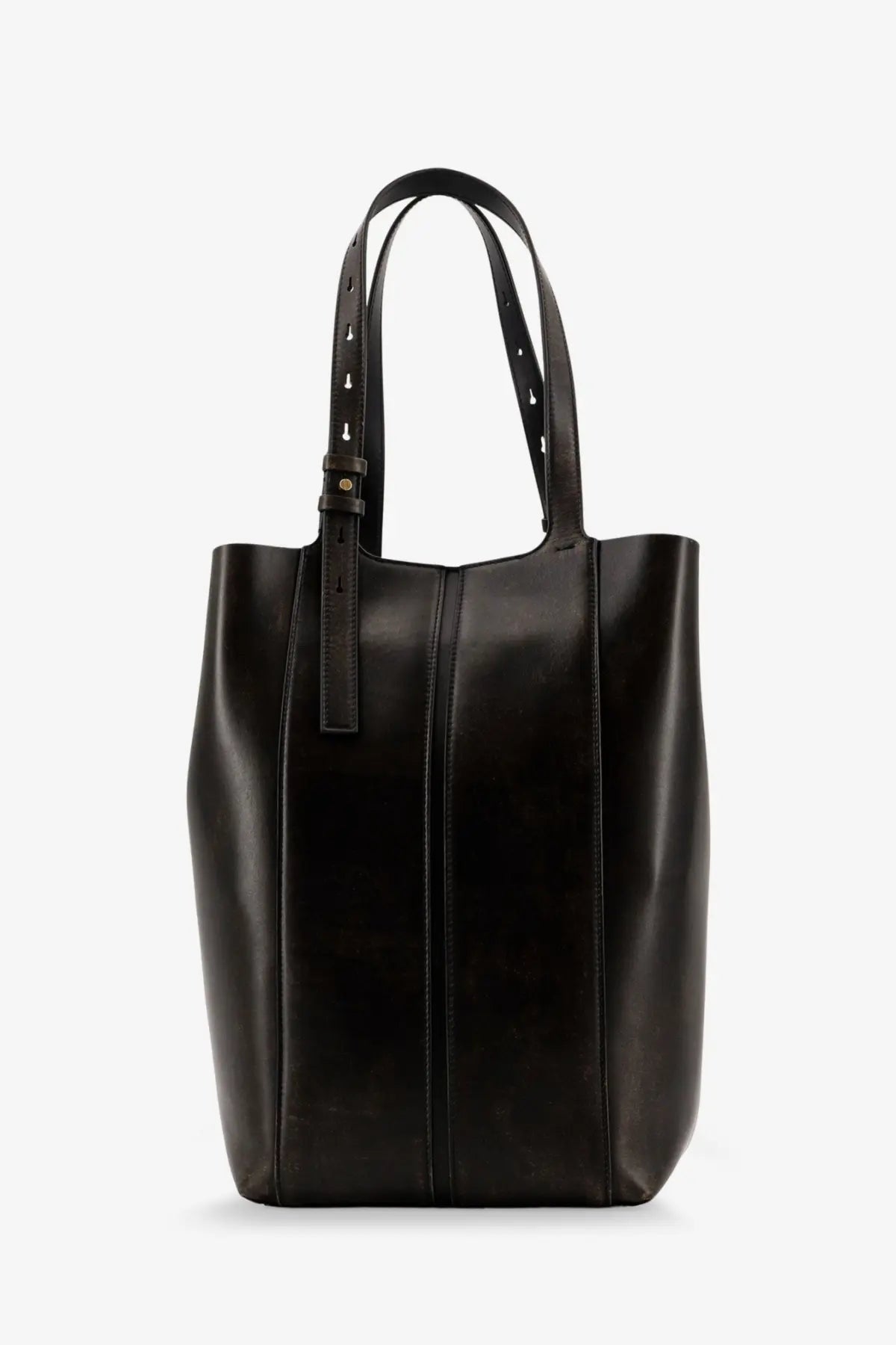 Black leather tote bag with structured design and perforated strap details by Golden Goose for women’s shopping use