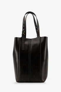 Black leather tote bag with structured design and perforated strap details by Golden Goose for women’s shopping use