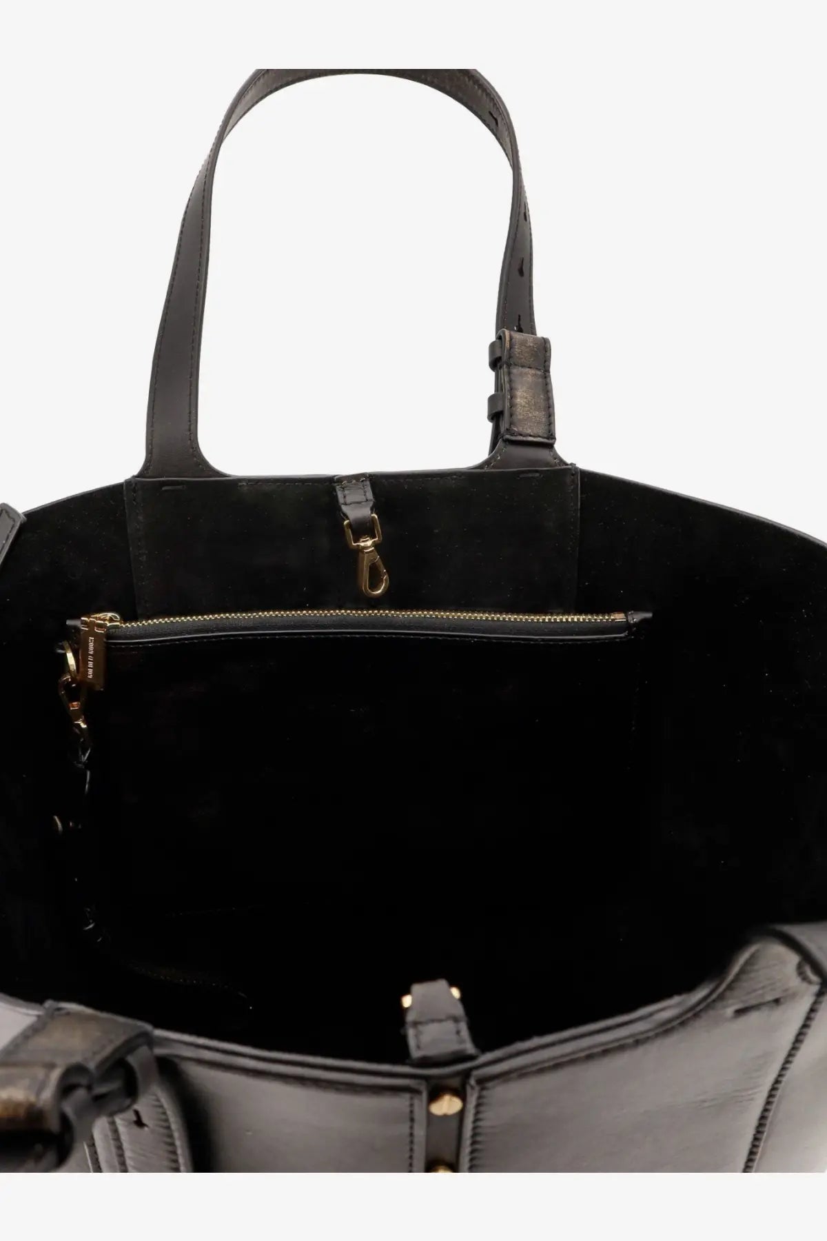 Golden Goose women’s black leather tote bag with suede interior and gold-tone hardware for shopping or shoulder use