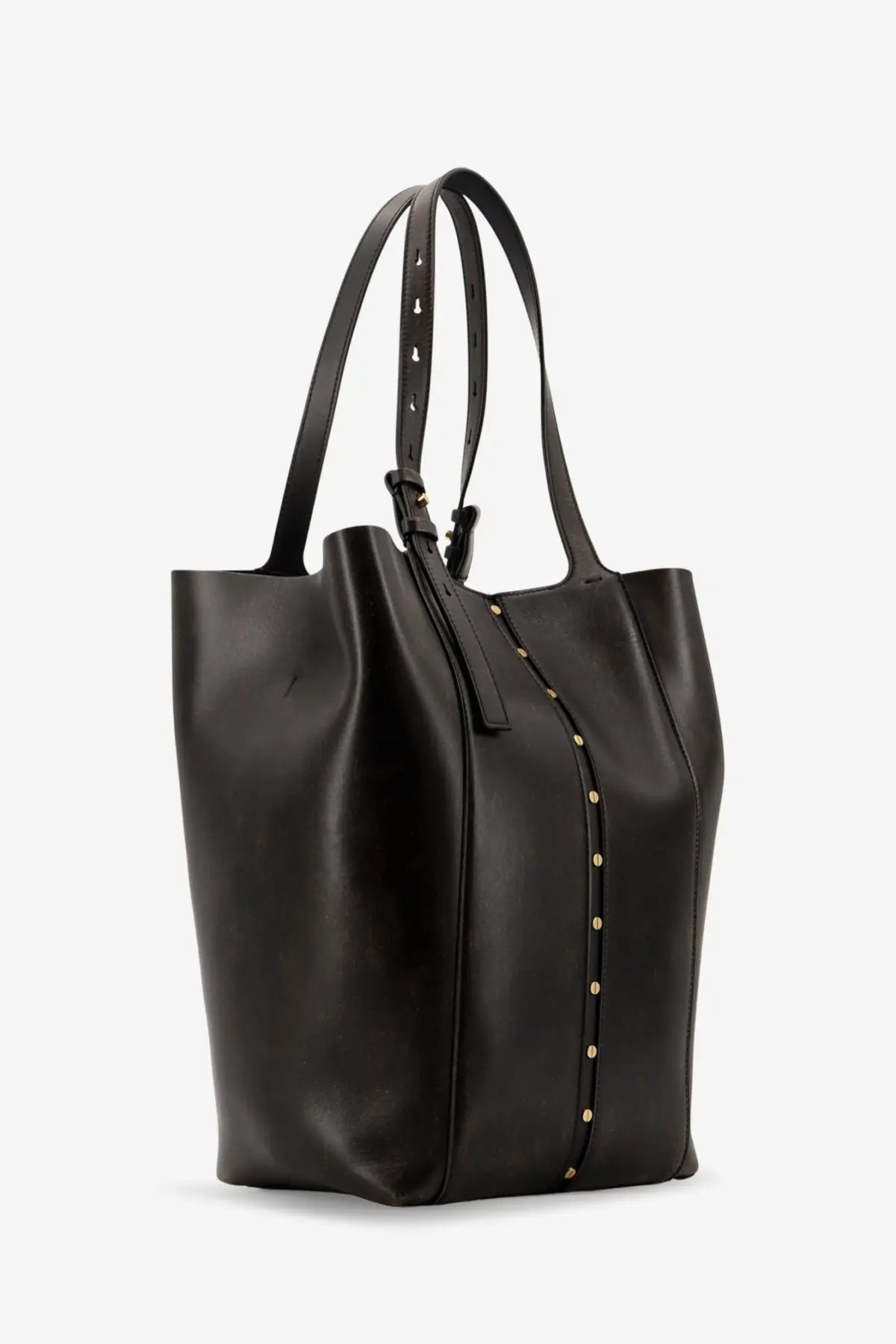 Golden Goose women’s black leather tote bag with gold-tone studs along front seam and matching handles