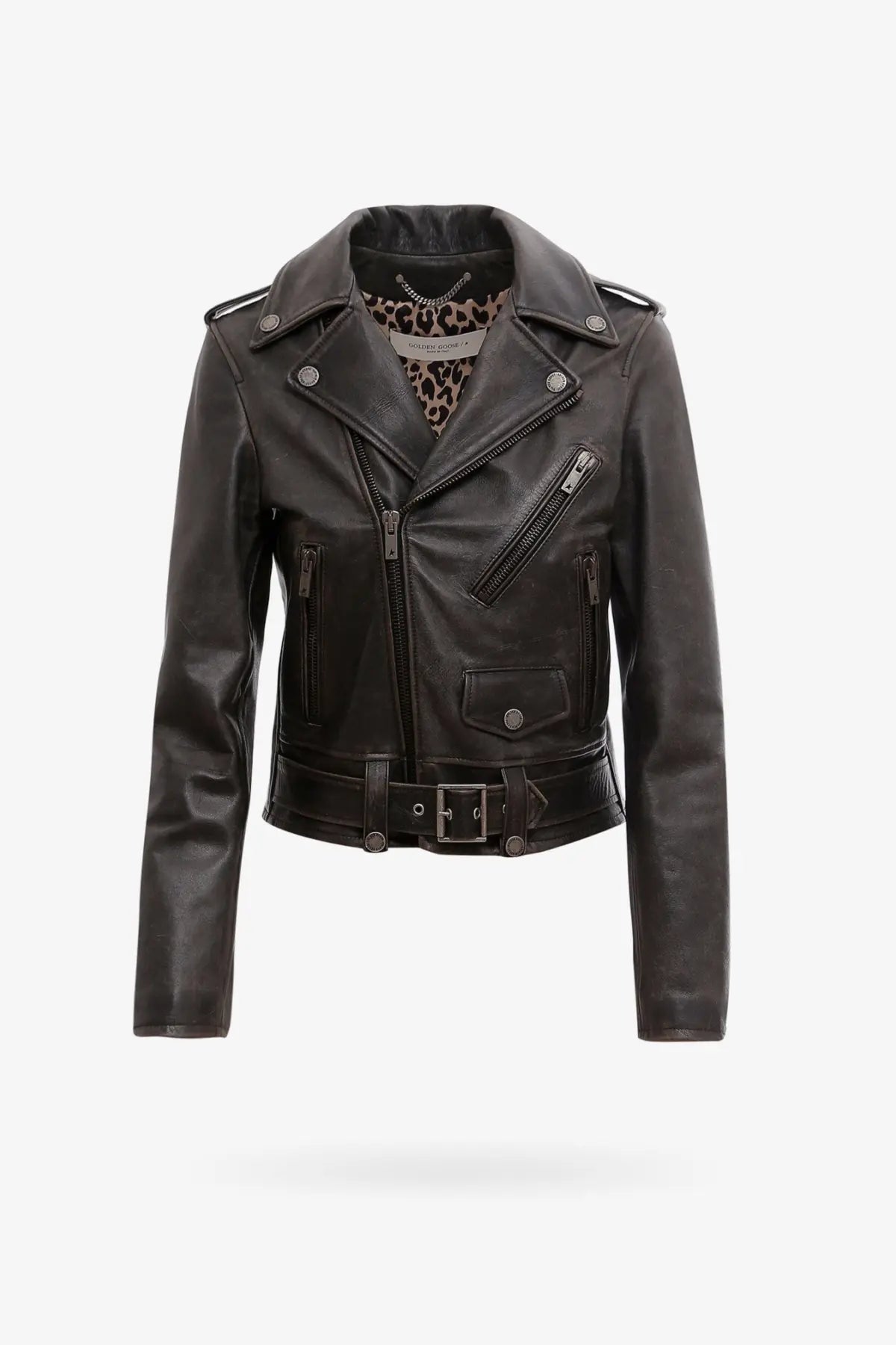 Golden Goose women’s slim fit destiny lived in effect black leather biker jacket with silver zippers and leopard print lining