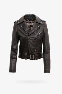 Golden Goose women’s slim fit destiny lived in effect black leather biker jacket with silver zippers and leopard print lining