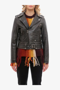 Golden goose womens slim fit destiny lived in effect black leather biker jacket with silver zippers and matching belt