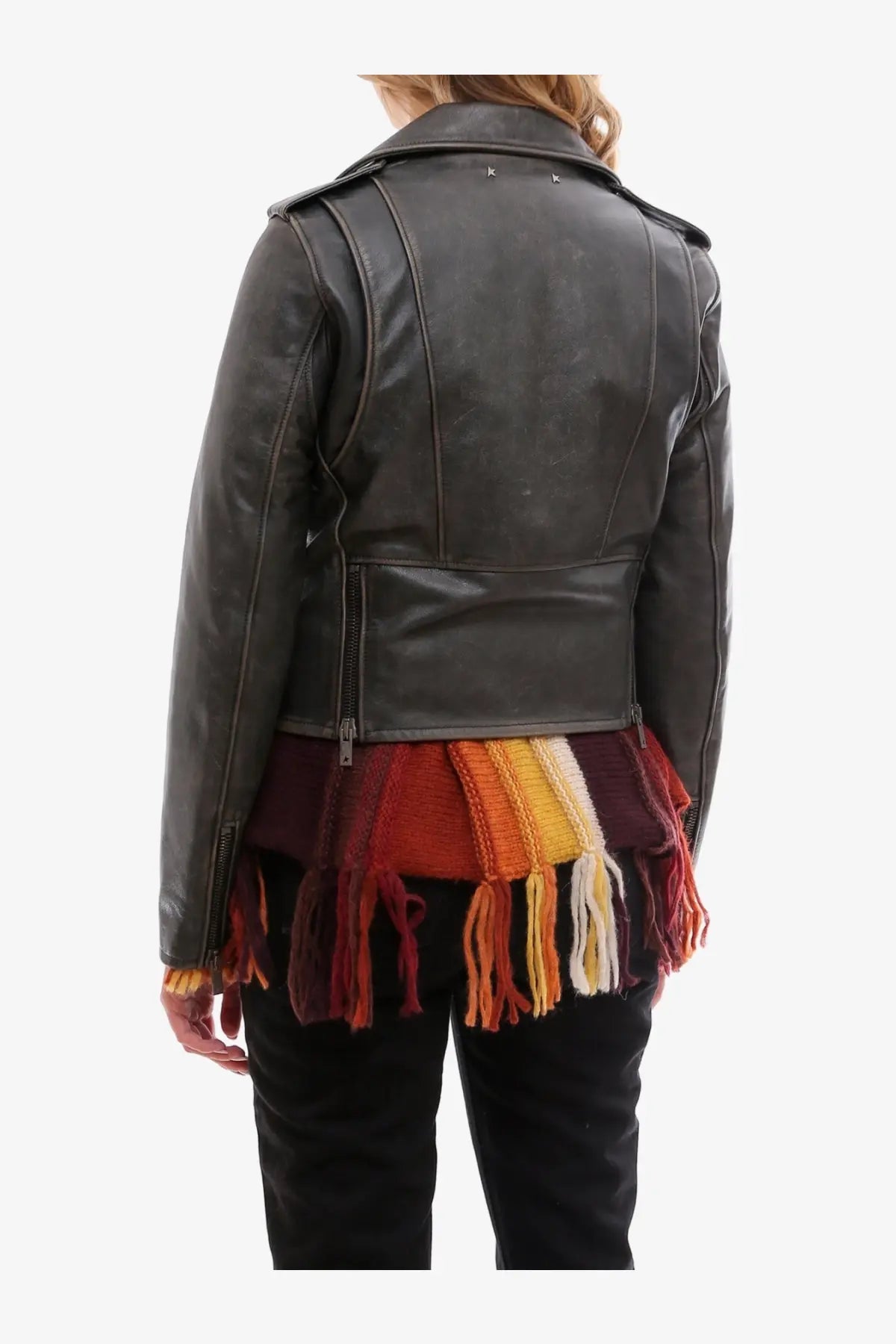 Golden goose women’s slim fit destiny leather biker jacket in dark brown with colorful knitted fringe hem in orange yellow maroon