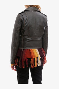 Golden goose women’s slim fit destiny leather biker jacket in dark brown with colorful knitted fringe hem in orange yellow maroon