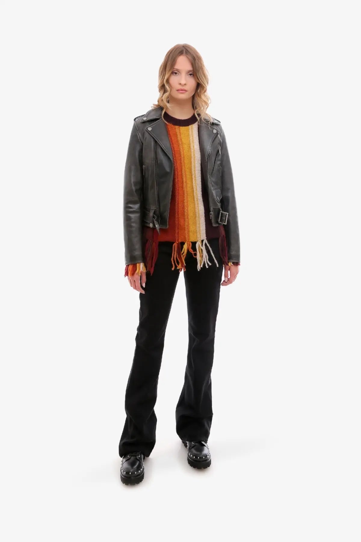 Golden Goose women’s slim fit destiny leather biker jacket in black with silver zippers and belt buckle