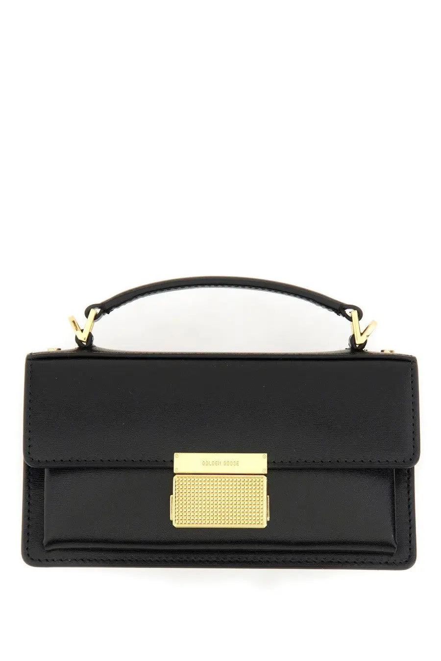 Golden Goose women’s small Venice bag is a black leather handbag with gold-tone hardware and a textured rectangular clasp