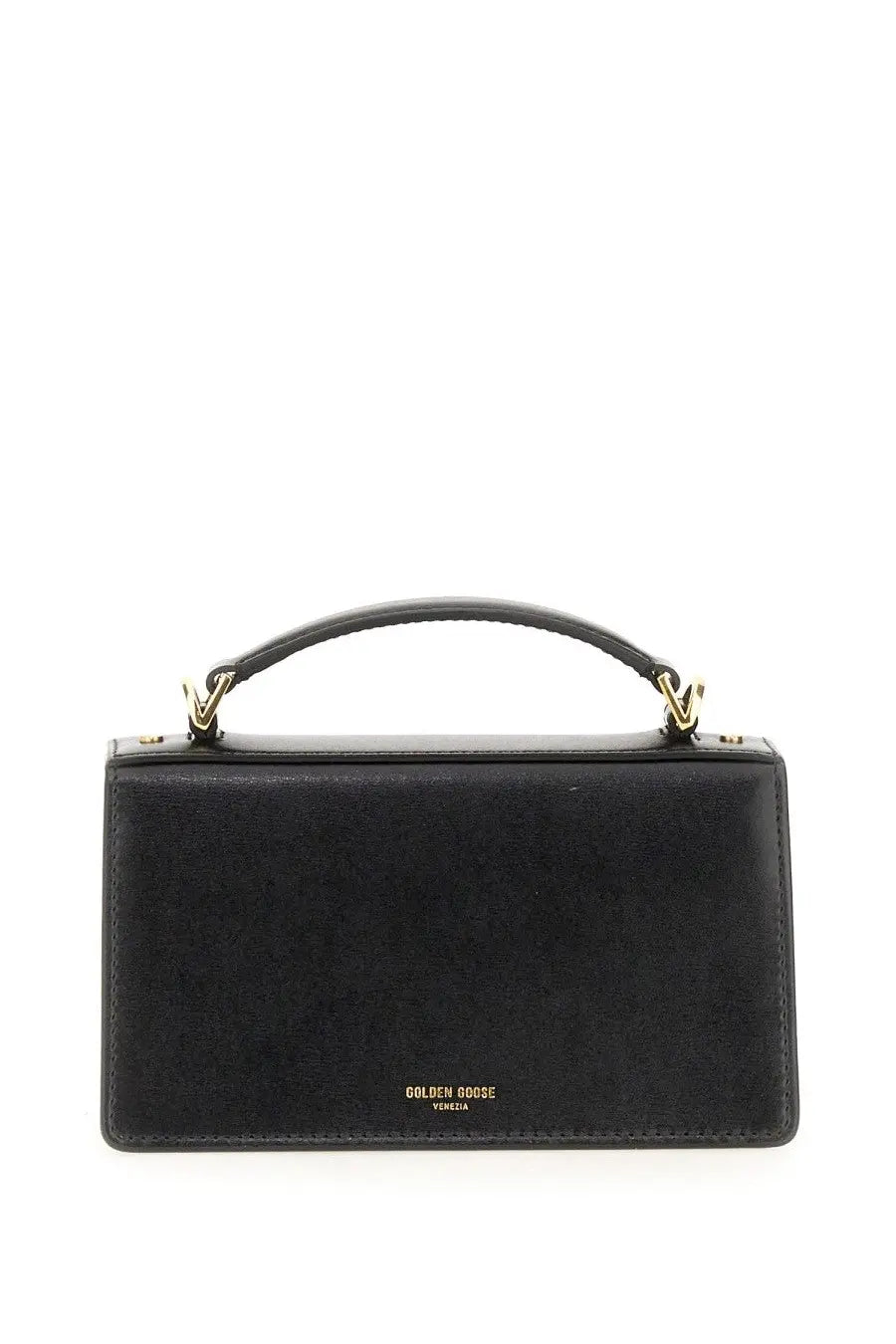 Black leather Golden Goose women’s small Venice bag with gold-tone hardware and minimalist design featuring branding