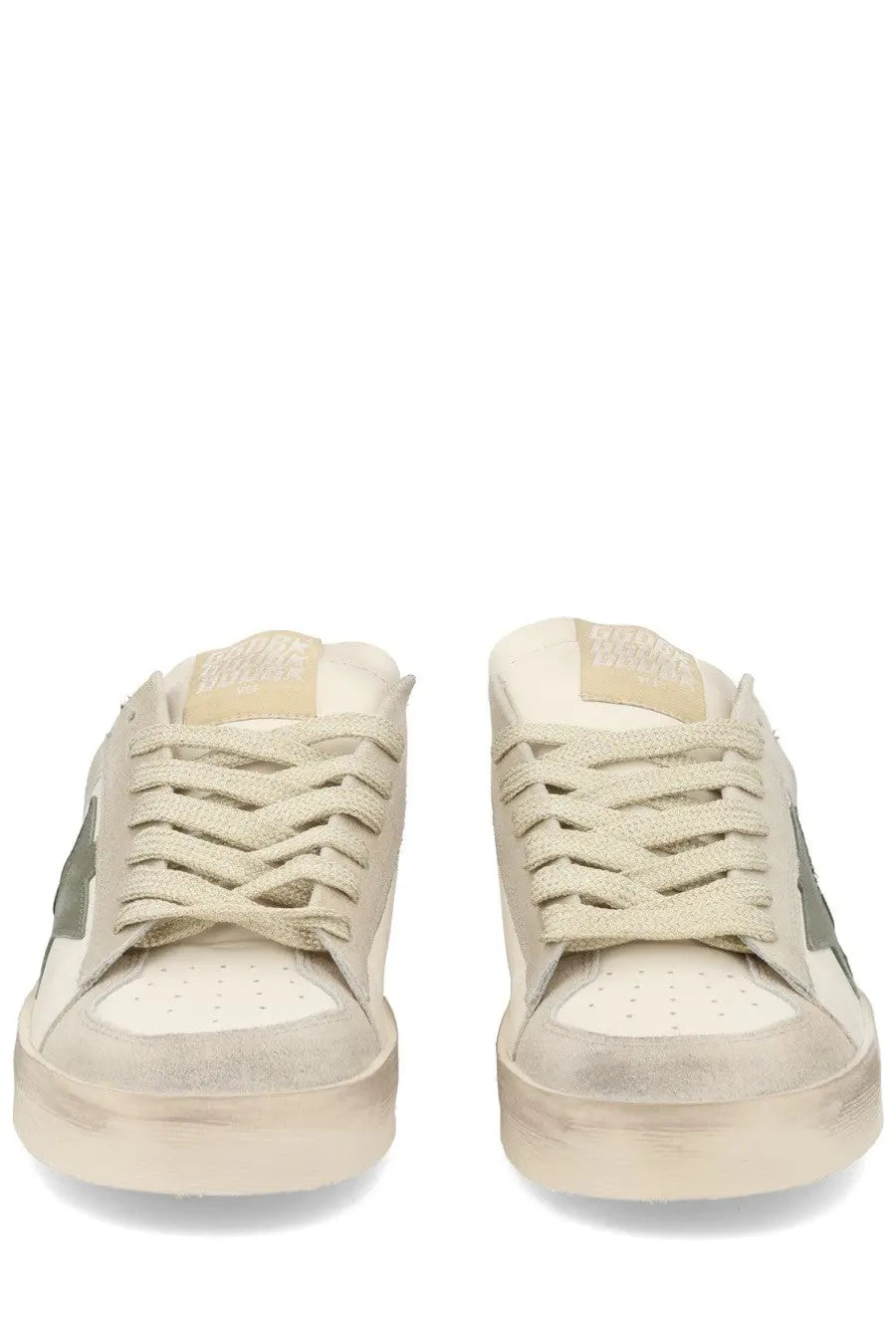 Cream-colored suede and canvas golden goose women’s stardan low-top sneaker with metallic star and distressed finish