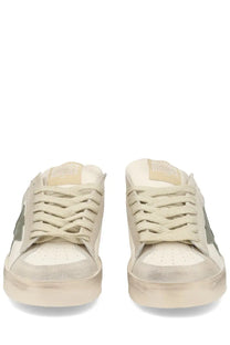 Cream-colored suede and canvas golden goose women’s stardan low-top sneaker with metallic star and distressed finish