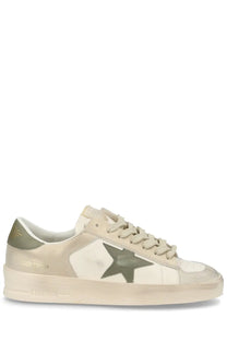 Golden Goose women’s stardan sneaker beige with beige and olive green star patch suede and canvas low-top upper