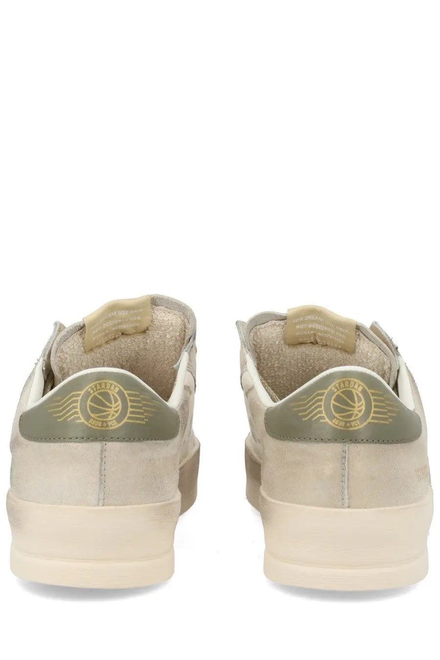 Beige suede golden goose women’s stardan sneaker showing back with gold basketball logo patch on heel